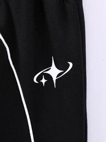 PAVTROS 青少年男孩黑色連帽衛衣與寬腿長褲套裝，刺繡圖案連帽套頭上衣，對比滾邊秋冬運動休閒服 - 黑色 - 查看 4
