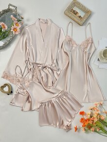 SilkySpell 4pcs Pajama Set: Embroidered Trim V-Neck Faux Silk Cami Sleep Dress And Cami Top & Shorts And Belted Robe, Fall Winter Clothes - Champagne - View 1
