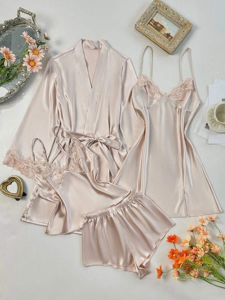 SilkySpell 4pcs Pajama Set: Embroidered Trim V-Neck Faux Silk Cami Sleep Dress And Cami Top & Shorts And Belted Robe, Fall Winter Clothes - Champagne - View 1