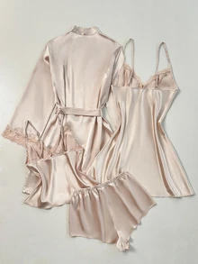 SilkySpell 4pcs Pajama Set: Embroidered Trim V-Neck Faux Silk Cami Sleep Dress And Cami Top & Shorts And Belted Robe, Fall Winter Clothes - Champagne - View 2