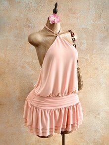 Mistrie 女款粉色性感甜美掛脖露背繫帶迷你洋裝 - 淺粉色 - 查看 6