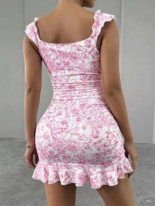 Mistrie Vestido con estampado floral retro, hombros descubiertos y dobladillo fruncido para mujer - Rosa - Ver 2