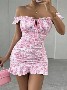 Mistrie Vestido con estampado floral retro, hombros descubiertos y dobladillo fruncido para mujer - Rosa - Ver 3