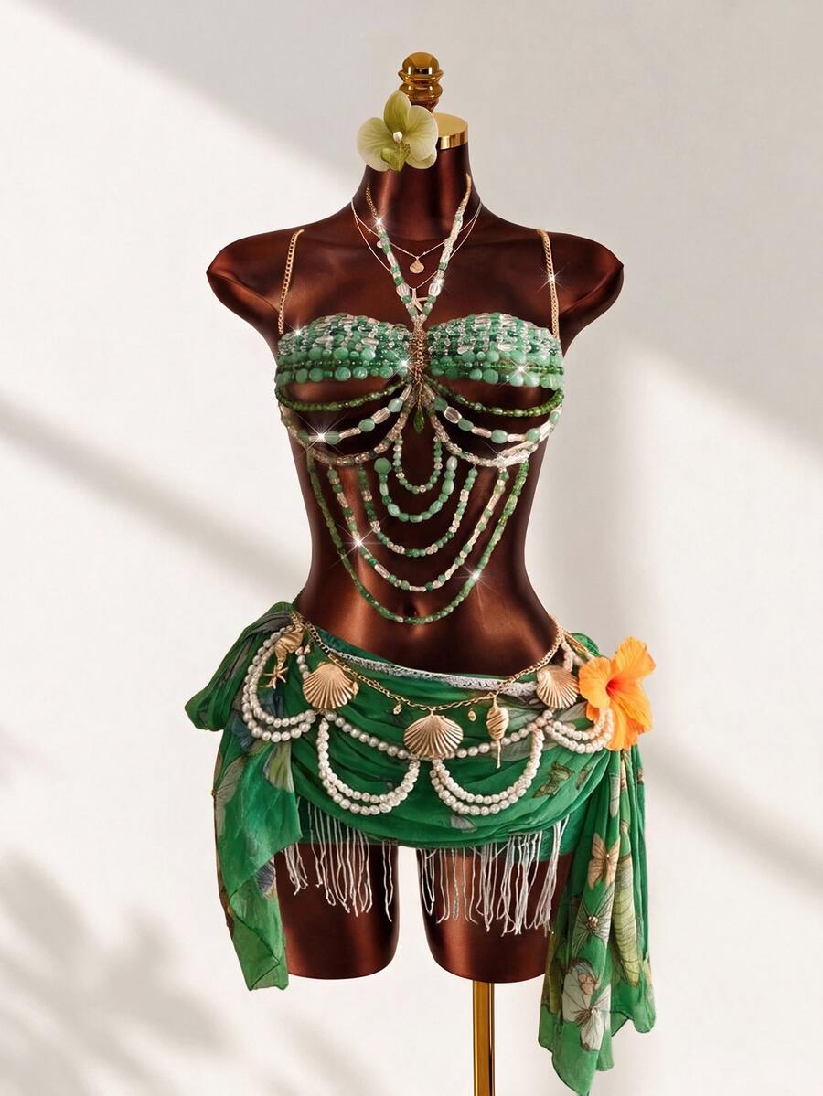 Mistrie Women's Summer Vacation Crystal Beaded Camisole Rave Day Party Light Green Sexy
