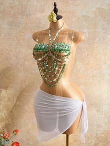 Mistrie Women's Summer Vacation Crystal Beaded Camisole Rave Day Party Light Green Sexy - Green - View 6