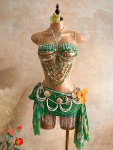 Mistrie Women's Summer Vacation Crystal Beaded Camisole Rave Day Party Light Green Sexy - Green - View 4