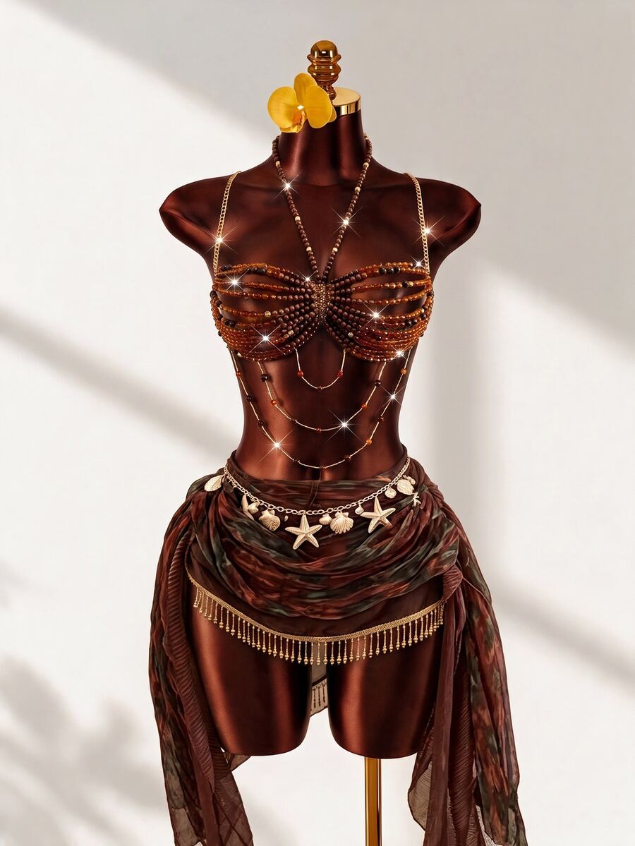 Mistrie Women's Beaded Boho Crystal Beaded Tank Top, Island Beach Vacation Shades Of Brown Summer - Coffee Brown - View 1