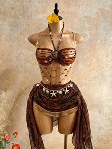 Mistrie Women's Beaded Boho Crystal Beaded Tank Top, Island Beach Vacation Shades Of Brown Summer - Coffee Brown - View 3
