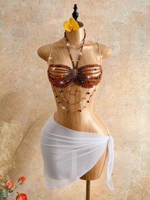 Mistrie Women's Beaded Boho Crystal Beaded Tank Top, Island Beach Vacation Shades Of Brown Summer - Coffee Brown - View 4