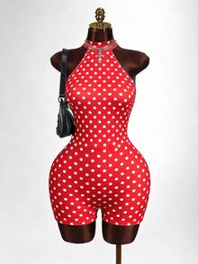 Mistrie Stand Collar Sleeveless Red And White Polka Dot Fitted Jumpsuit, Fashionable Summer Vacation - Multicolor - View 5