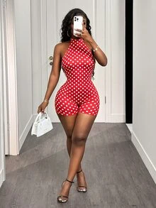 Mistrie Stand Collar Sleeveless Red And White Polka Dot Fitted Jumpsuit, Fashionable Summer Vacation - Multicolor - View 7