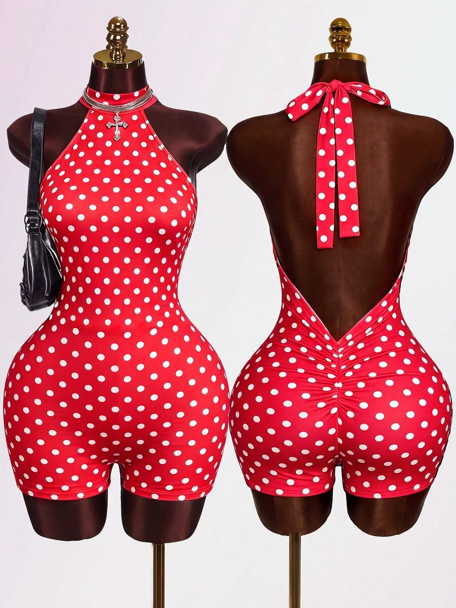 Mistrie Stand Collar Sleeveless Red And White Polka Dot Fitted Jumpsuit, Fashionable Summer Vacation - Multicolor - View 1