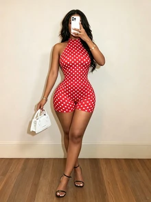 Mistrie Stand Collar Sleeveless Red And White Polka Dot Fitted Jumpsuit, Fashionable Summer Vacation - Multicolor - View 9