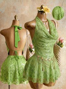 Mistrie Women's Floral Sequin Draped Neck Lime Green Summer Dress, Fairycore Holiday Tea Party Night Out Vacation Outfit, Beach Tropical Sexy - Green - View 8