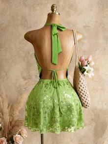 Mistrie Women's Floral Sequin Draped Neck Lime Green Summer Dress, Fairycore Holiday Tea Party Night Out Vacation Outfit, Beach Tropical Sexy - Green - View 5