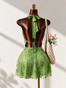 Mistrie Women's Floral Sequin Draped Neck Lime Green Summer Dress, Fairycore Holiday Tea Party Night Out Vacation Outfit, Beach Tropical Sexy - Green - View 2