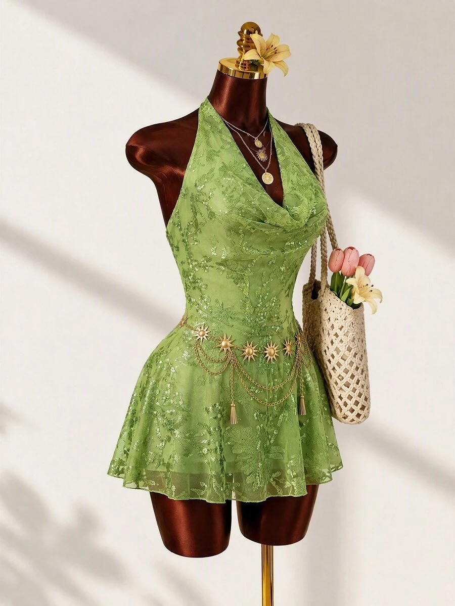 Mistrie Women's Floral Sequin Draped Neck Lime Green Summer Dress, Fairycore Holiday Tea Party Night Out Vacation Outfit, Beach Tropical Sexy - Green - View 1