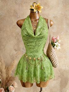 Mistrie Women's Floral Sequin Draped Neck Lime Green Summer Dress, Fairycore Holiday Tea Party Night Out Vacation Outfit, Beach Tropical Sexy - Green - View 6
