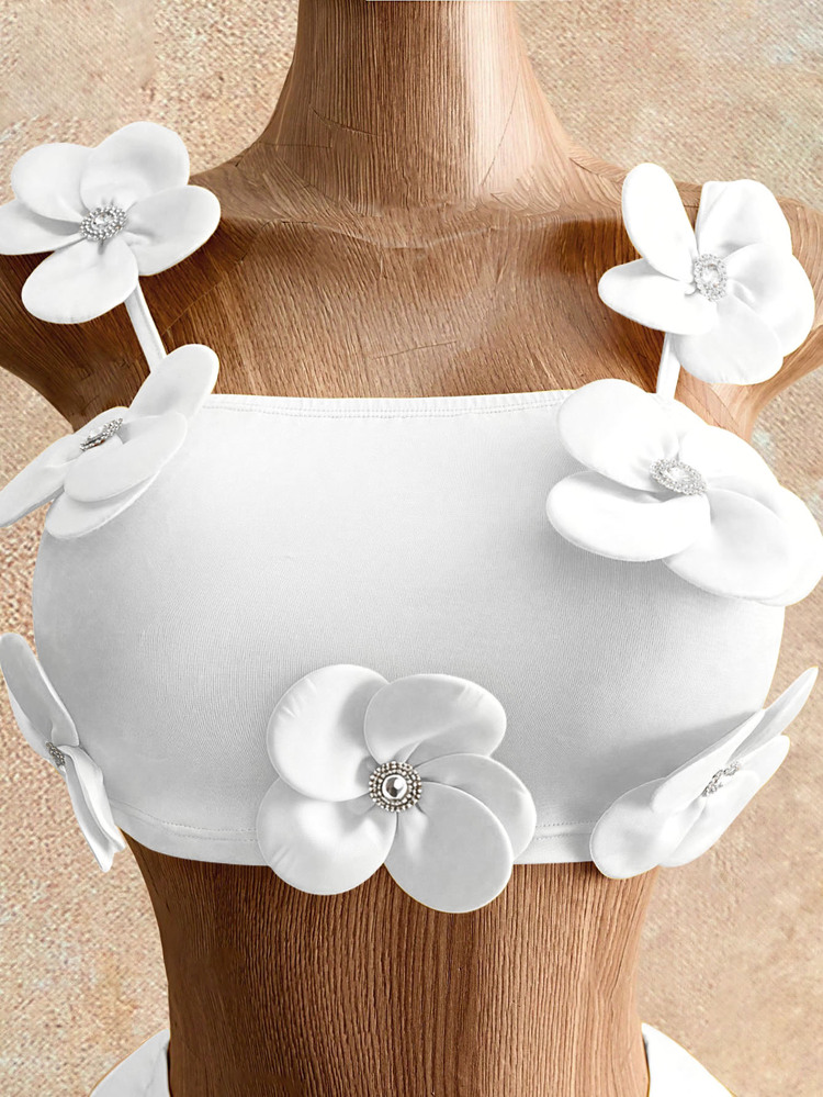 Mistrie Summer White 3D Floral Decor Set, Spaghetti Strap Top + Asymmetrical Ruffle Hem Slit Mini Skirt 2-Piece Set, May Day Island Vacation Beach Tropical - White - View 6
