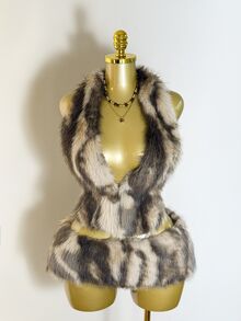 Mistrie Ladies' Sexy Faux Fur Fabric Halter-Top Low-Waist Skirt Set Suitable For Halloween Parties Club Night Out And Gatherings Grey Leopard Print Fall - Brown - View 3