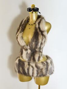Mistrie Ladies' Sexy Faux Fur Fabric Halter-Top Low-Waist Skirt Set Suitable For Halloween Parties Club Night Out And Gatherings Grey Leopard Print Fall - Brown - View 4