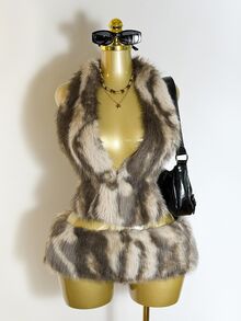 Mistrie Ladies' Sexy Faux Fur Fabric Halter-Top Low-Waist Skirt Set Suitable For Halloween Parties Club Night Out And Gatherings Grey Leopard Print Fall - Brown - View 7