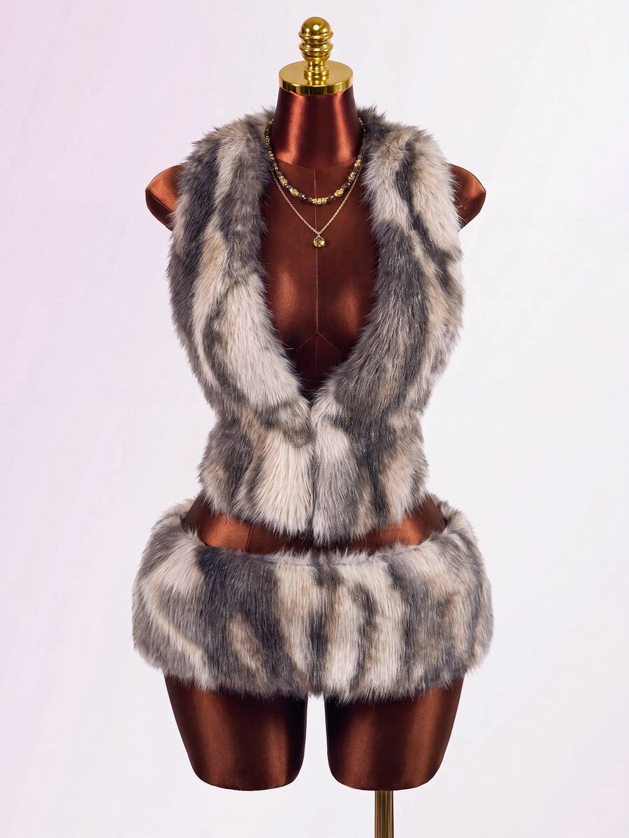 Mistrie Ladies' Sexy Faux Fur Fabric Halter-Top Low-Waist Skirt Set Suitable For Halloween Parties Club Night Out And Gatherings Grey Leopard Print Fall - Brown - View 1