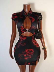 Mistrie Sexy Women's Hollow Front Stand Collar Button Faux Cheongsam Dress - Black - View 3