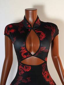 Mistrie Sexy Women's Hollow Front Stand Collar Button Faux Cheongsam Dress - Black - View 4