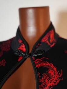 Mistrie Sexy Women's Hollow Front Stand Collar Button Faux Cheongsam Dress - Black - View 6