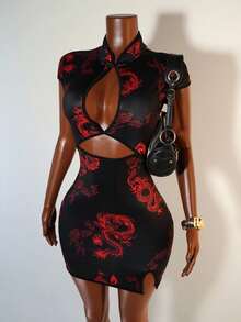 Mistrie Sexy Women's Hollow Front Stand Collar Button Faux Cheongsam Dress - Black - View 5