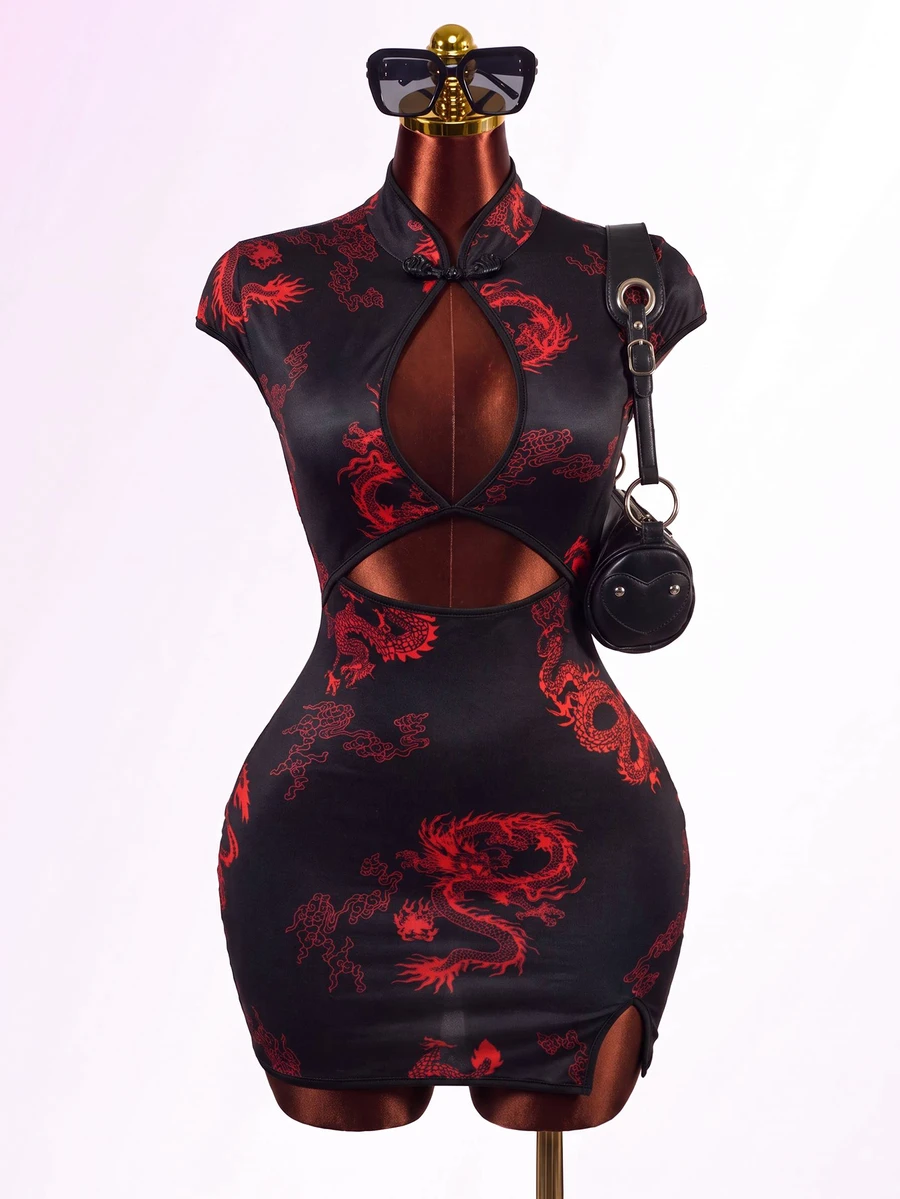 Mistrie Sexy Women's Hollow Front Stand Collar Button Faux Cheongsam Dress - Black - View 1