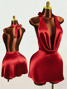 Mistrie Women's Summer Spaghetti Strap Deep V-Neck Casual Sexy Dress Night Out Club Red - Red - View 10