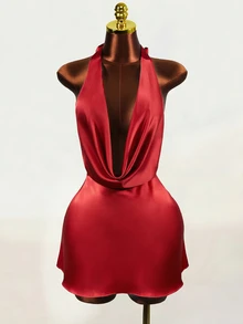 Mistrie Women's Summer Spaghetti Strap Deep V-Neck Casual Sexy Dress Night Out Club Red - Red - View 8