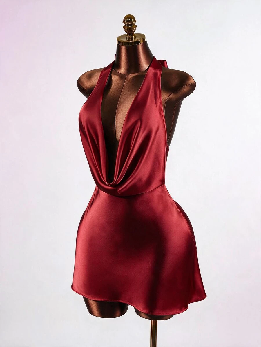 Mistrie Women's Summer Spaghetti Strap Deep V-Neck Casual Sexy Dress Night Out Club Red