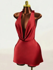 Mistrie Women's Summer Spaghetti Strap Deep V-Neck Casual Sexy Dress Night Out Club Red - Red - View 5