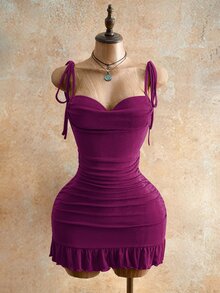 Mistrie Women's Sexy Drawstring Detail Mini Bodycon Dress, Summer Fashion Magenta Spaghetti Strap Cami With Tie Back For Party Nights, Club Outfits - Purple - View 6
