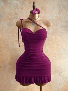 Mistrie Women's Sexy Drawstring Detail Mini Bodycon Dress, Summer Fashion Magenta Spaghetti Strap Cami With Tie Back For Party Nights, Club Outfits - Purple - View 7