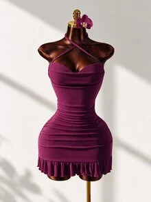 Mistrie Women's Sexy Drawstring Detail Mini Bodycon Dress, Summer Fashion Magenta Spaghetti Strap Cami With Tie Back For Party Nights, Club Outfits - Purple - View 3