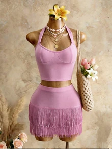 Mistrie Set 2 Potong Seksi untuk Pesta Klub, Atasan Crop Top dengan Tali Bahu Tipis dan Rok Mini Berumbai - Berwarna merah muda - View 5