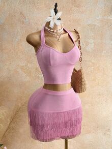 Mistrie Set 2 Potong Seksi untuk Pesta Klub, Atasan Crop Top dengan Tali Bahu Tipis dan Rok Mini Berumbai - Berwarna merah muda - View 6