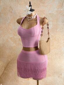 Mistrie Set 2 Potong Seksi untuk Pesta Klub, Atasan Crop Top dengan Tali Bahu Tipis dan Rok Mini Berumbai - Berwarna merah muda - View 7
