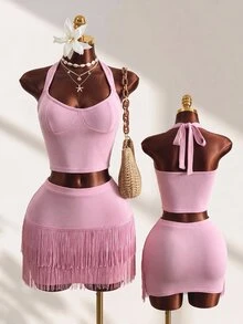 Mistrie Set 2 Potong Seksi untuk Pesta Klub, Atasan Crop Top dengan Tali Bahu Tipis dan Rok Mini Berumbai - Berwarna merah muda - View 2