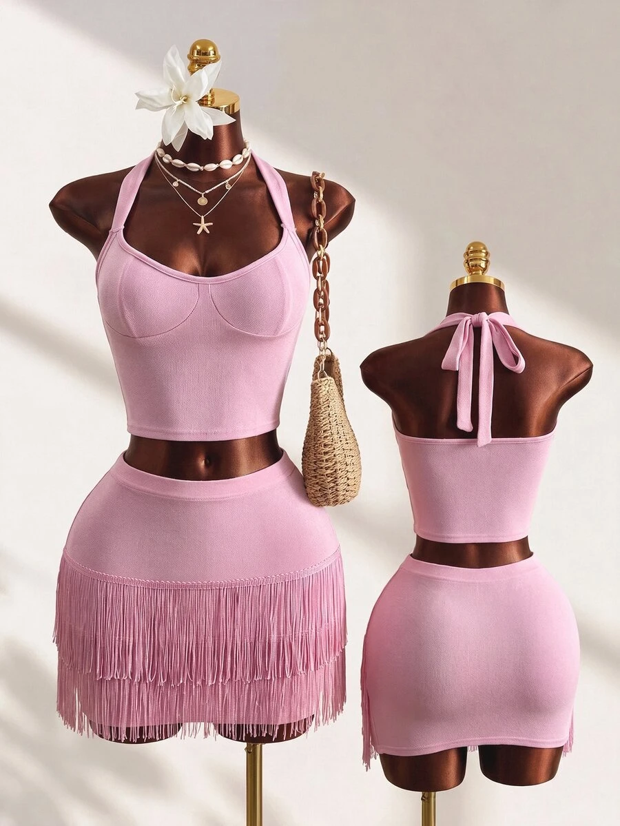 Mistrie Set 2 Potong Seksi untuk Pesta Klub, Atasan Crop Top dengan Tali Bahu Tipis dan Rok Mini Berumbai