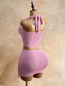 Mistrie Set 2 Potong Seksi untuk Pesta Klub, Atasan Crop Top dengan Tali Bahu Tipis dan Rok Mini Berumbai - Berwarna merah muda - View 3