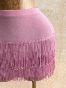 Mistrie Set 2 Potong Seksi untuk Pesta Klub, Atasan Crop Top dengan Tali Bahu Tipis dan Rok Mini Berumbai - Berwarna merah muda - View 10