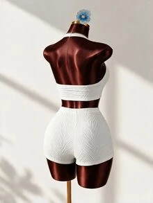 Mistrie 女款白色羅紋掛脖兩件套，紋理百褶針織短版上衣短褲，夏季休閒性感度假波希米亞海灘派對穿搭 - 白色 - 查看 2