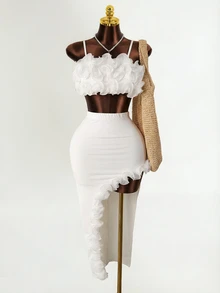 Mistrie Summer White 70's Holiday Party Disco Vacation Two Pieces Set,Fish Silk Thread 3D Flower Decoration Camisole Top&Split Long Skirt For ,Holiday - White - View 3