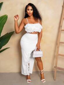 Mistrie Summer White 70's Holiday Party Disco Vacation Two Pieces Set,Fish Silk Thread 3D Flower Decoration Camisole Top&Split Long Skirt For ,Holiday - White - View 4