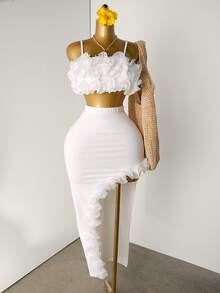 Mistrie Summer White 70's Holiday Party Disco Vacation Two Pieces Set,Fish Silk Thread 3D Flower Decoration Camisole Top&Split Long Skirt For ,Holiday - White - View 5